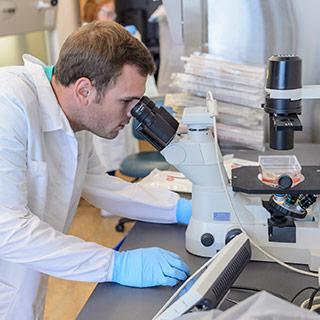 Chemistry student looking into a microscope in a science lab